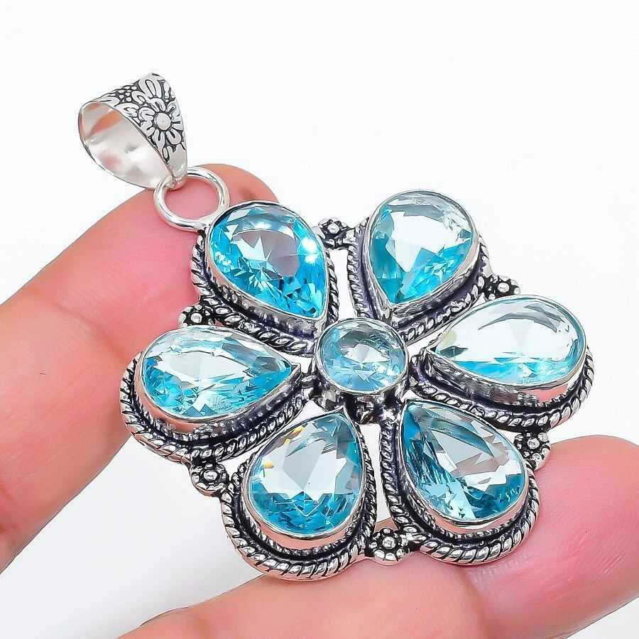 Colgante de joyería de plata de ley 925 hecho a mano con piedras preciosas de aguamarina aguamarina tamaño 2,5" Foto 1 de 1