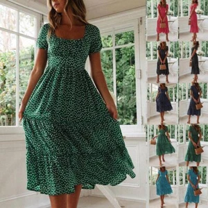 Women Polka Dot Midi Dress Ladies Summer Short Sleeve Holiday Beach Sundress US - Picture 1 of 25