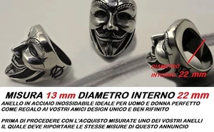 ANELLO ACCIAIO UOMO MASCHERA V PER VENDETTA ANONYMOUS TESCHIO MISURA 13 = 22 mm - Foto 1 di 9