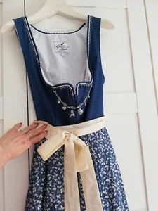 Gamsbock Dirndl Gr. 44 blau beige Baumwolle Tracht Kleid 70er Länge Midi Dirndl - Bild 1 von 9