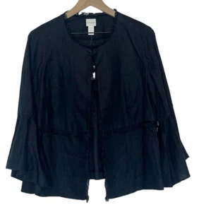 Chicos Black Linen Bell Sleeve Fringe Accent Open Blazer Jacket Size 1 (L) - Picture 1 of 5