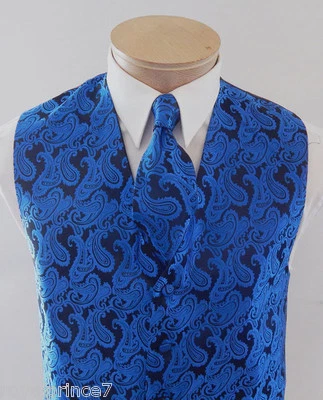 ROYAL Blue XS to 6XL Paisley Tuxedo Dress Vest Waistcoat & Neck tie Prom 20BB - Image 1 of 3