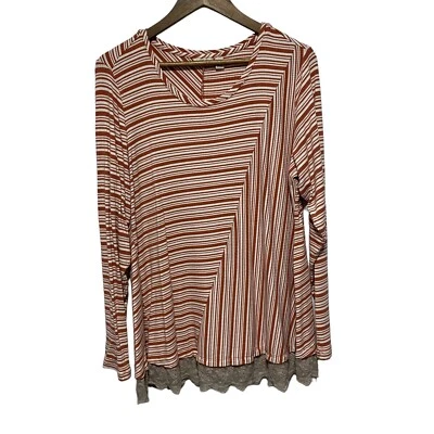 LOGO Lori Goldstein Tunic Womens XL Orange Stripe Long Sleeve Stretch Lace Hem - Image 1 of 4