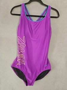 Speedo Zumba Womens 12 One-Piece Swimsuit Purple Strappy Back Cross  - Picture 1 of 10