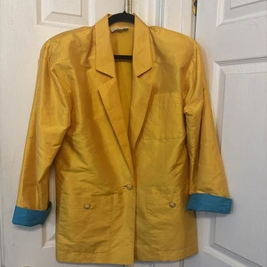Vintage Jim Thompson 100% Thai Seide Damen Jacke Gr. S gelb blau Bündchen 70er 80er GUC - Bild 1 von 6