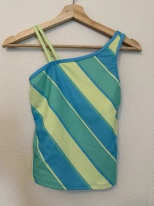 Lands’ End Girls Swim Tank, Blue, Yellow, Green Stripes Girls Size Large 10-12 - Picture 1 of 5