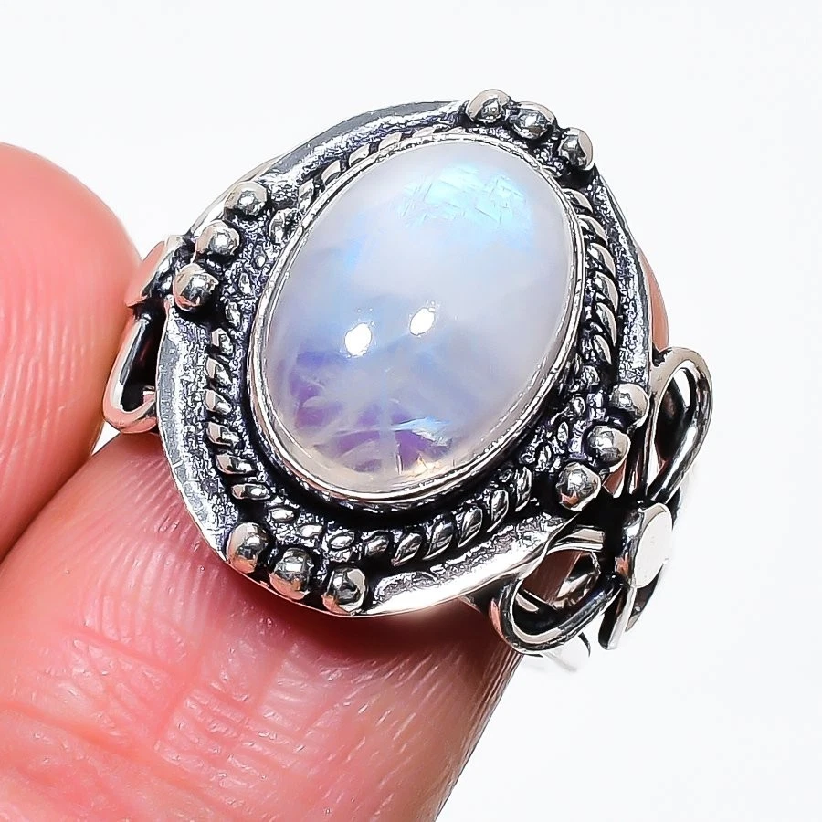 Anillo de joyería de plata de ley 925 con piedras preciosas de luna naturales talla 6,75 (EE. UU.) Foto 1 de 1