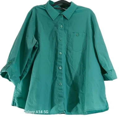 Liz Baker 女式绿色亚麻混纺 3/4 标签袖纽扣前衬衫尺寸 3X — 第 1/4 张图片