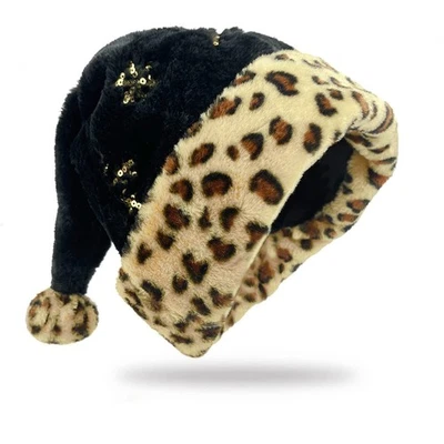 Black Leopard Print Santa Hat - Plush Sequin Xmas Christmas Hat for Adults - ... - Image 1 of 4