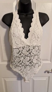 Ambiance Women’s Ivory Floral Lace V-Neck/Lined Bra/Snap Crotch Bodysuit Large - Picture 1 of 18