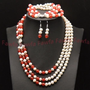 3 Reihen Natürliche 7-8 mm Weiße Perle Rote Jade Edelsteine Halskette Armband Ohrringe Set - Bild 1 von 12