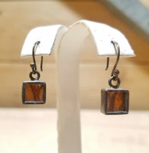 Square Orange Glass Earrings Metal Box Butterfly Wing Costume Vtg - Swanky Barn - Picture 1 of 12