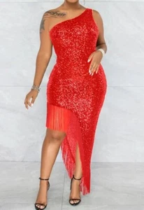 Red Fashion Sexy Patchwork Tassel Sequins Asymmetrical One Shoulder Evening Dres - Picture 1 of 1