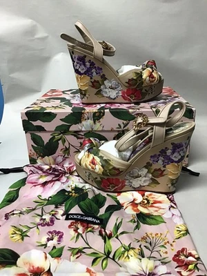 DOLCE & GABBANA Zapatos Beige Floral Correa al Tobillo Sandalias de Cuña EU38 7.5US Foto 1 de 4