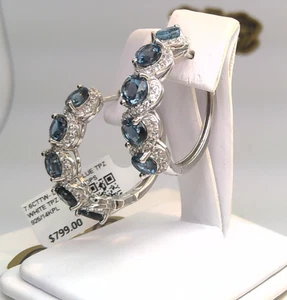 $799-7.6CT TW NAT LONDON BLUE & WHITE TOPAZ SOLITAIRE HOOP EARRINGS SS/14KPL 925 - Picture 1 of 10