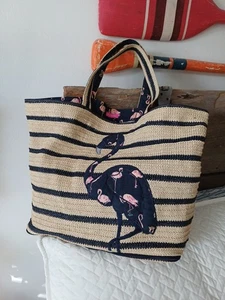 Bolso de Mano Vera Bradley Flamingo Fiesta Playa Apliques de Paja con Cremallera Malla Parte Inferior RARO - Imagen 1 de 17