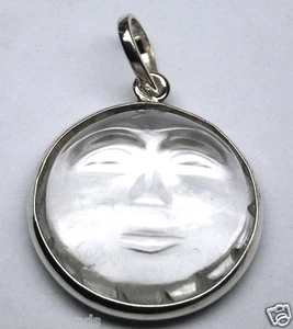 NATURAL REAL BIG CLEAR CRYSTAL QUARTZ CARVED SUN SILVER PENDANT 925 - Picture 1 of 2