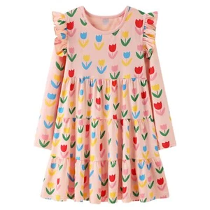 Toddler Girl Long Ruffle Sleeve Dress Pink Flower Printed Cotton Casual Twirl... - Picture 1 of 5
