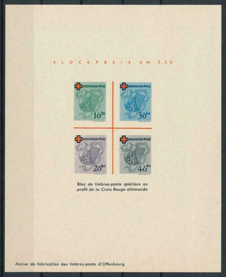 French Zone - Rhine Palatinate 1949 - Red Cross ,Scott# 6NB6 - Souv Sheet  PROOF - Image 1 of 1