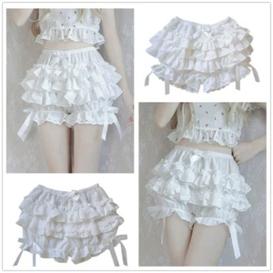 Women Lace Trim Panties Shorts Ruffle Bloomers Mid Waist Bowknot Decor Costumes - Picture 1 of 40
