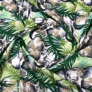 ELEFANTES SELVA HOJAS VERDES 100% ALGODÓN TELA por metro - Imagen 1 de 3