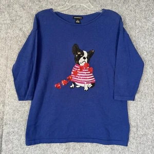 Lauren Michelle Sweater Womens Medium Plaid Sequin Dogs Holiday Love Blue Animal - Picture 1 of 13