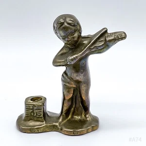 Bougeoir En Laiton Vintage Avec Ange Jouant Du Violon Sculpture En Laiton - Picture 1 of 10