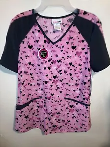 Ladies Size Small Scrub Top Pink & Black Hearts Uniform Shirt - Picture 1 of 5