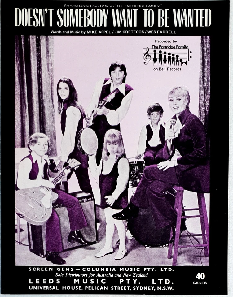 Partridge Family- Doesn't Somebody Want To Be Wanted 1971 Australian Sheet Music - Image 1 of 1