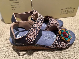 L'Artiste by Spring Step Leather Wedge Sandals Cuteness Navy Size US 7.5-8 NIB - Picture 1 of 11