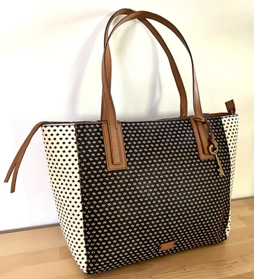 Bolso de Mano Fossil Emma Negro Blanco Estampado Lona Recubierta Llave Trabajo Fin de Semana Neutro Foto 1 de 4
