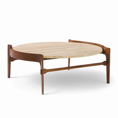 Bertha Schaefer for Singer & Sons Mid Century Travertine and Walnut Coffee Table - Image 1 of 4