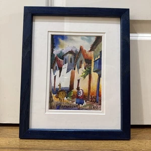 Letrero enmarcado acuarela vintage pintado a mano del artista Félix Espinoza V Perú - Imagen 1 de 5