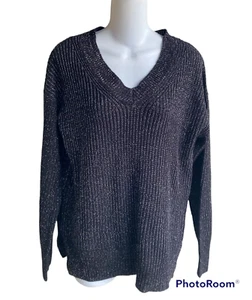 Moral Fiber NWT Black Silver Knit V-Neck Sweater Junior Medium Style 4969 - Picture 1 of 3