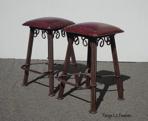 Pair Vintage Ornate Wrought Iron Bar Stools Leather Seats ~ Spanish Style Clavos Cover