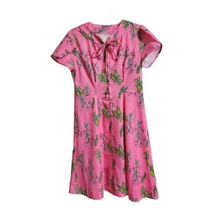 Vtg Pink Mod Green Butterfly Dress 60s 70s Poly Floral Shift Front Zip M/L ? - Picture 1 of 22