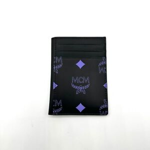 $210 MCM Black Leather Card Holder in Purple Color Splash Logo MXACSSX01U4001
