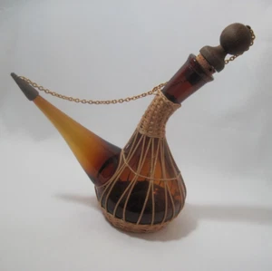Vintage 1950s Amber Glass Woven Rattan Porron Spanish Decanter Mint - Picture 1 of 20