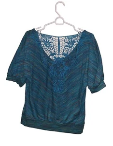 Almost Famous Multi-Stripes Crochet Lace Open-Back 3/4 Dolman Sleeve Sweater (L) - Picture 1 of 24