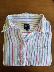 GAP Linen Button Shirt SZ L Top Colorful Pink Blue Striped Preppy Layering - Picture 1 of 10