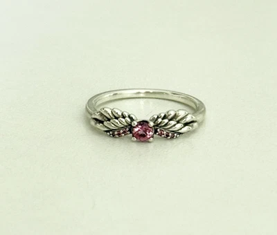 Pandora 925 Sterling Silver Pink Stone Sparkling Angel Wings Band Ring Size 6 - Image 1 of 4