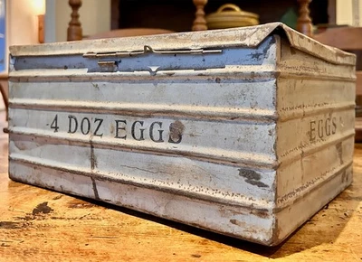 PAINT METAL BLUE DELIVERY EGG BOX-RED 19THC CARRYING BASKET-MID 20THC EGG CARTON - Image 1 of 4