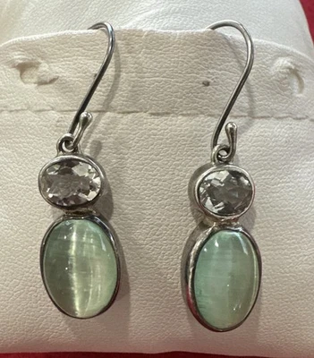 美丽 925 纯银钩悬垂海蓝宝石猫眼耳环 — 第 1/4 张图片