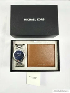 NEW Michael Kors Men's Slim Runway Silver Navy Watch & Wallet Gift Set MK1060SET - Picture 1 of 3