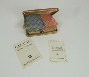 Canasta Playing Cards 2 Decks Brown Leather Zip Case Vintage Romme With Rules - Picture 1 of 6