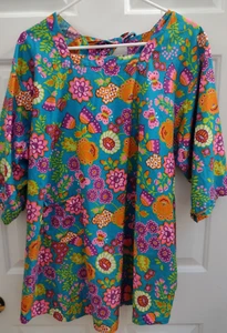 Grembiule vintage Flower Power mod DESIGN HOUSE artista smock blu rosa arancione - Foto 1 di 7