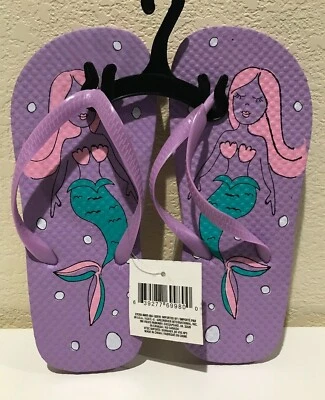 Mermaid Girls Kids Purple Beach Pool Flip Flops Print Footbed Sz L 2-3 - Image 1 of 4