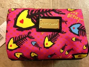 NEW BETSEY JOHNSON ZIP FISH BAD TO THE BONE HEART COSMETIC MAKEUP BAG POUCH - Picture 1 of 9