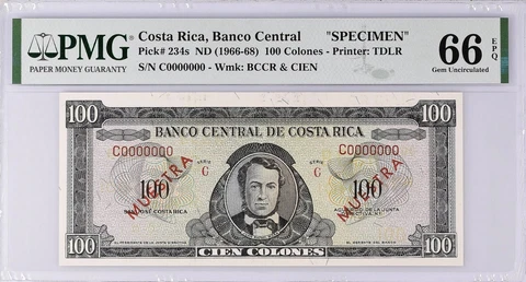 Costa Rica 1966-68 100 Colones PMG 66, P-234s, High Grade Specimen Cover
