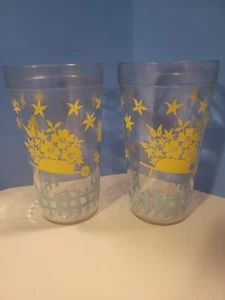 2 Vintage MCM Yellow Wheelbarrow Blue Fence Glass Tumblers 5.75" - Picture 1 of 2